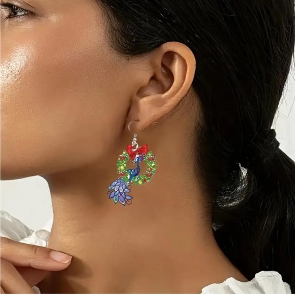 Peacock Christmas Wreath Wooden Earrings - Picture 5 of 6